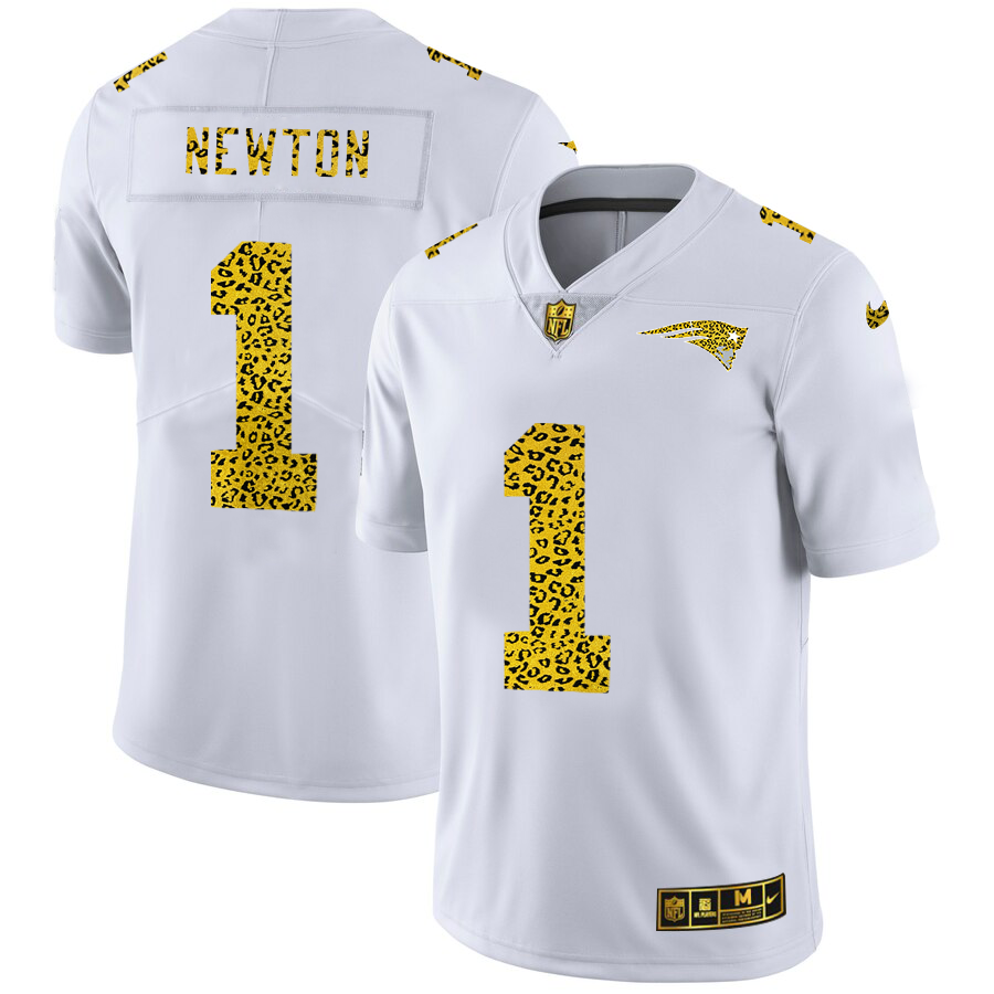Custom New England Patriots 1 Cam Newton Men Nike Flocked Leopard Print Vapor Limited NFL Jersey White